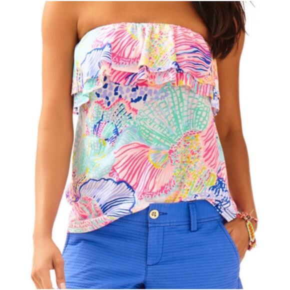 Lilly Pulitzer Rilo Pink Purple Floral Strapless Ruffle Tube Top Size Womens XS - Picture 1 of 8